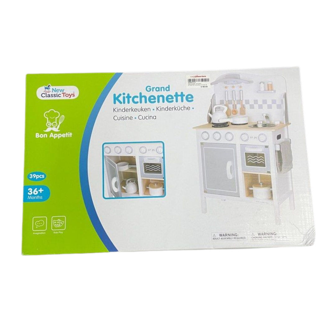 New Classic Toys White Wooden Pretend Play Toy Kitchen for Kids with Role Play Bon Appetit Included Accesoires