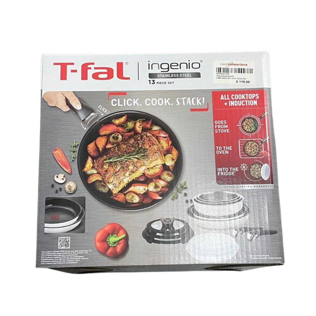 T-fal Ingenio Stainless Steel Cookware Set 13 Piece, Induction, Cookware, Pots and Pans, RV, Camping, Oven, Broil, Dishwasher Safe, Detachable Handle, Silver