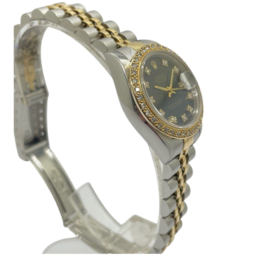Rolex Datejust 69173 26mm Automatic Half Gold Diamond Index & Bezel Black Dial Watch