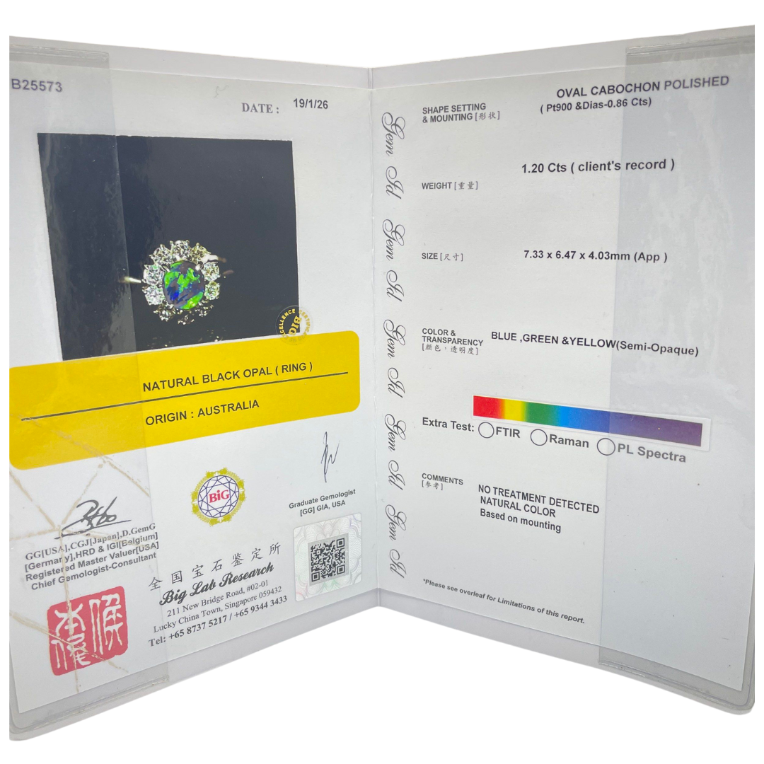 PT900 Natural Black Opal & Diamond Ring