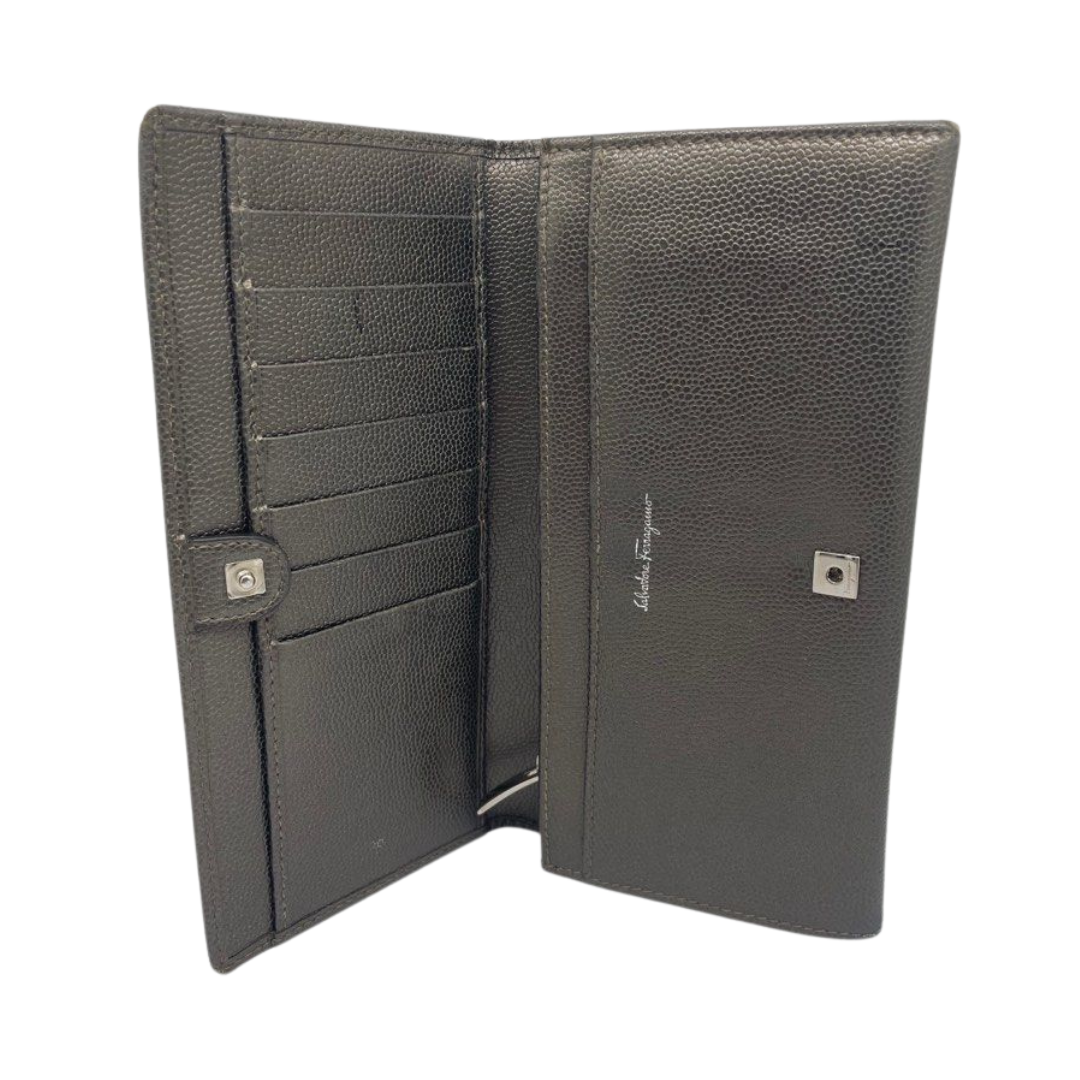 Ferragamo Gancini Embossed Bifold Dark Grey Long Wallet