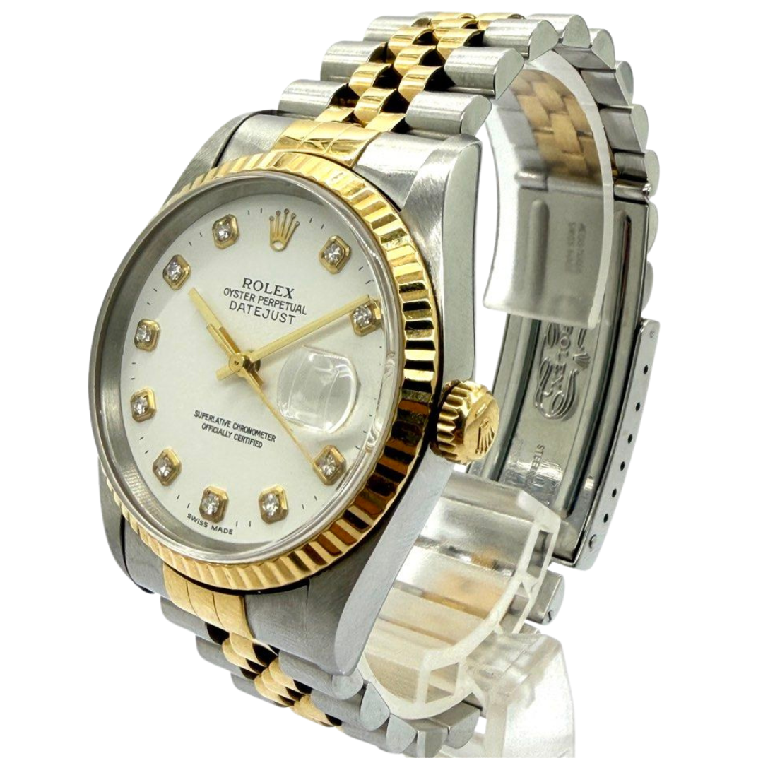 Rolex Datejust 16233 36mm Half Gold Automatic Diamond White Dial Watch