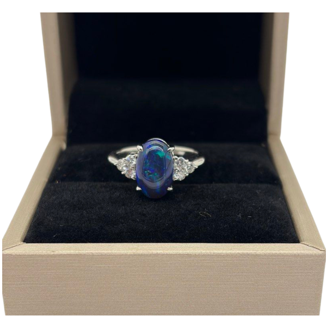 PT900 Natural Black Opal & Diamond Ring