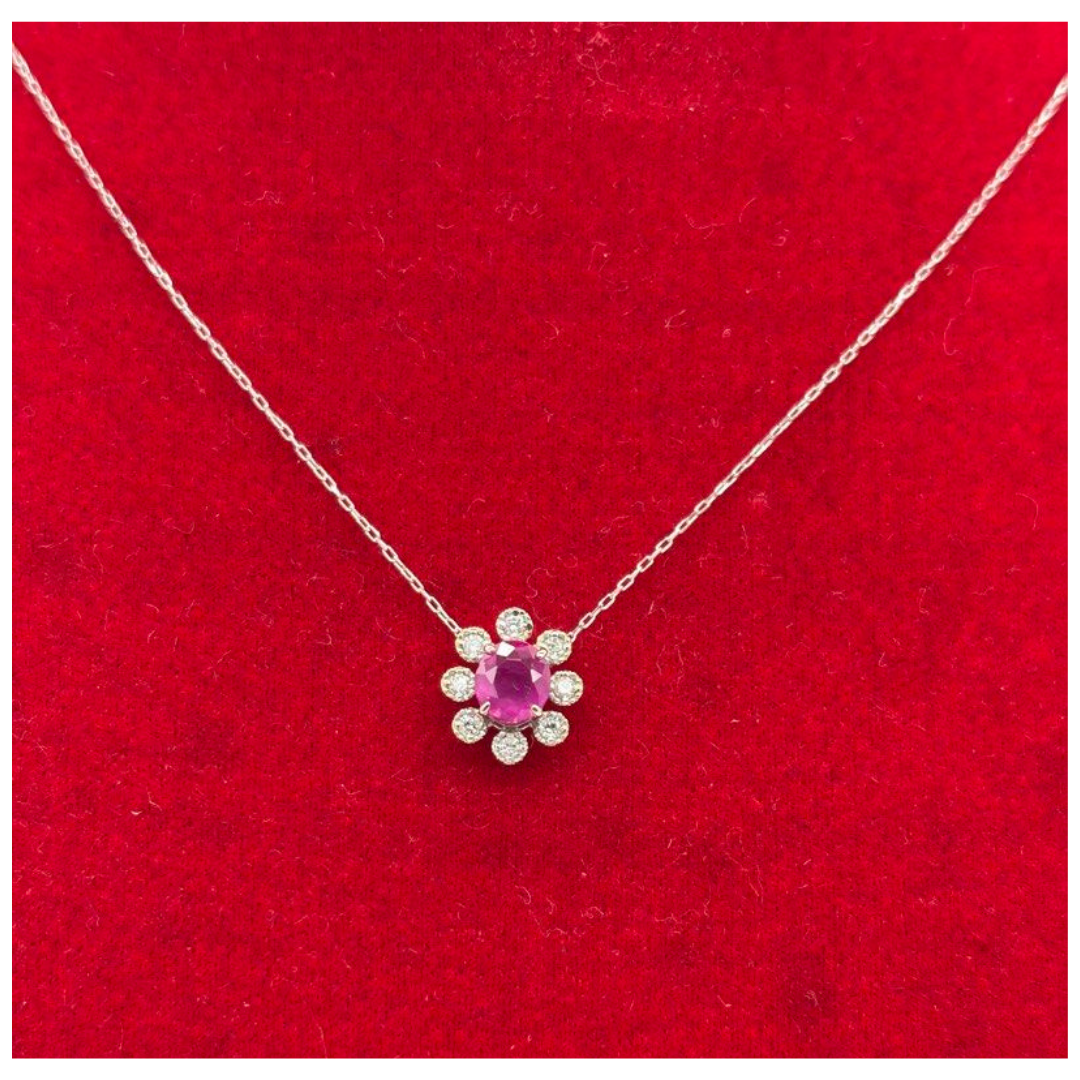 18K White Gold Natural Ruby & Diamond Necklace
