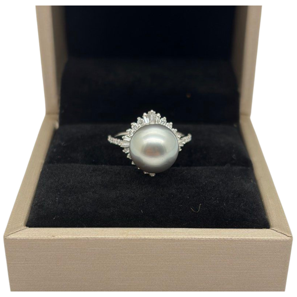 PT900 Natural Black South Sea Pearl & Diamond Ladies Ring