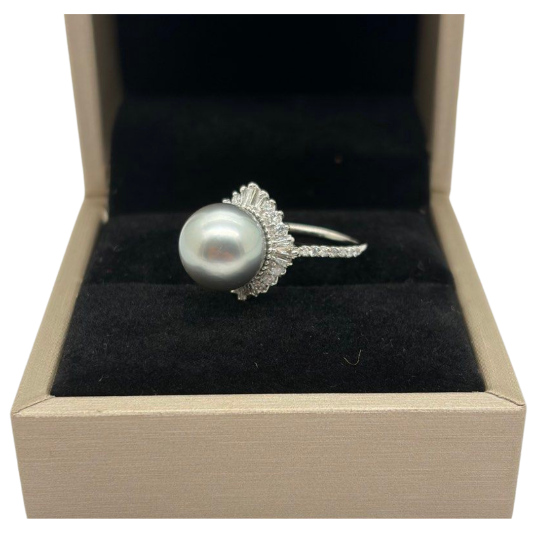 PT900 Natural Black South Sea Pearl & Diamond Ladies Ring
