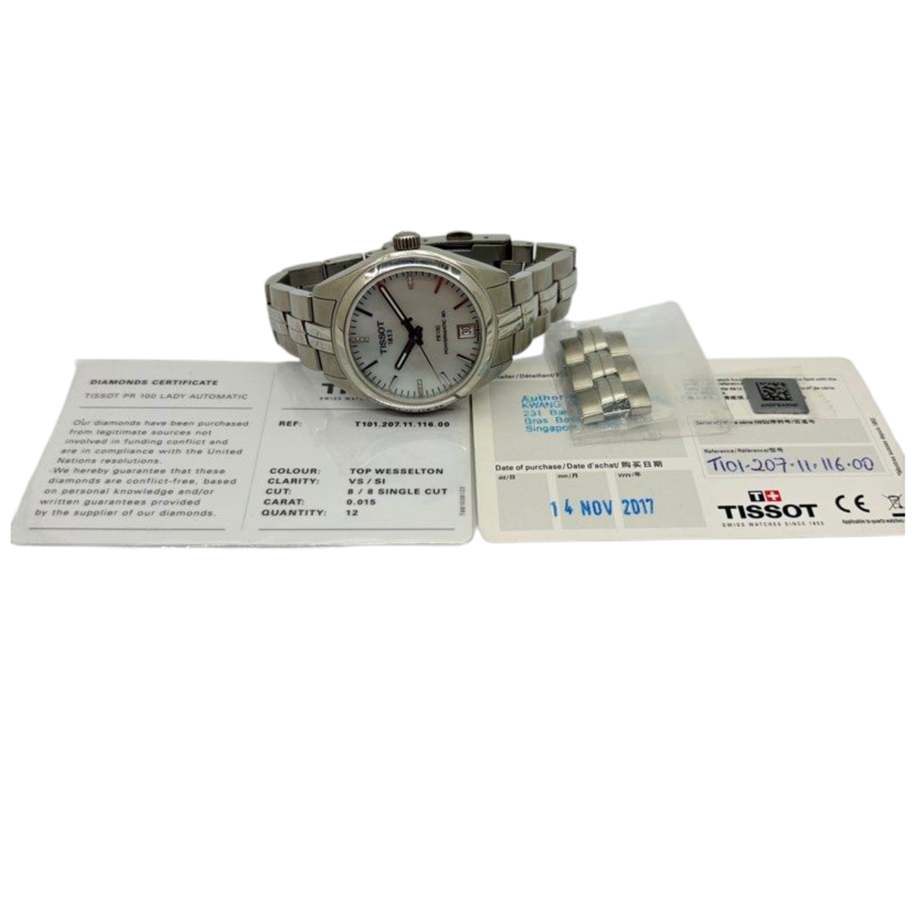 Tissot PR100 Powermatic 80 33mm Automatic White Mother of Pearl Diamond Dial Watch