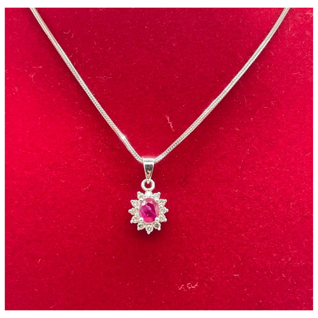 18K White Gold Natural Ruby & Diamond Necklace
