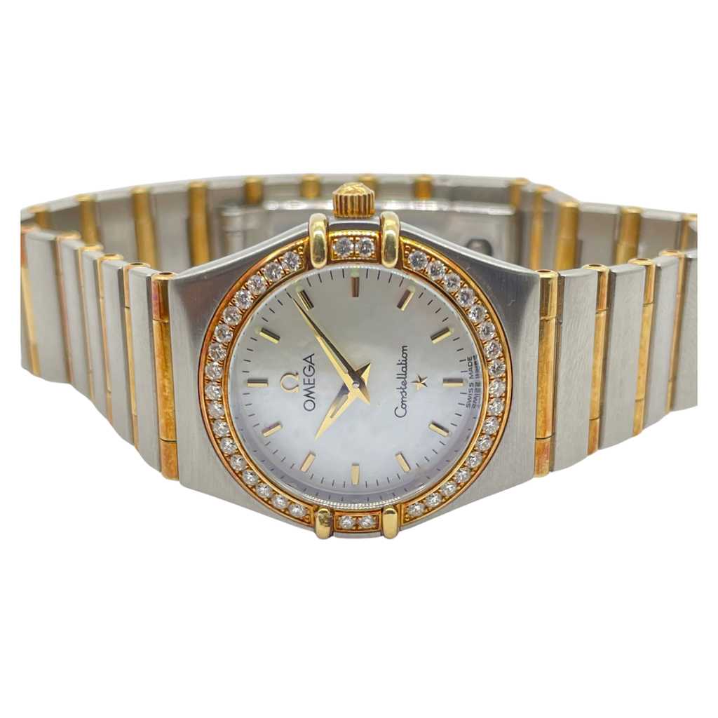Omega Constellation 25mm Quartz Half Gold Diamond Bezel White Mother of Pearl Dial Watch
