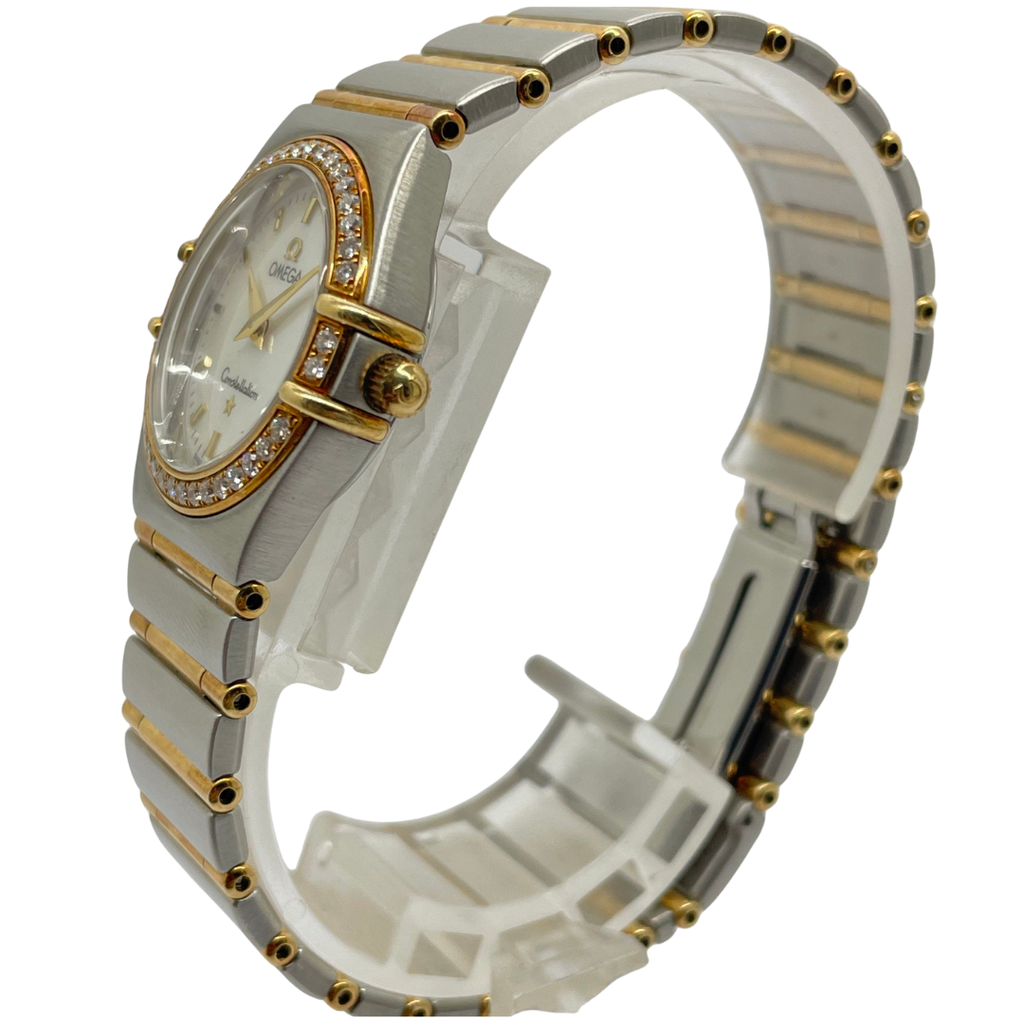 Omega Constellation 25mm Quartz Half Gold Diamond Bezel White Mother of Pearl Dial Watch