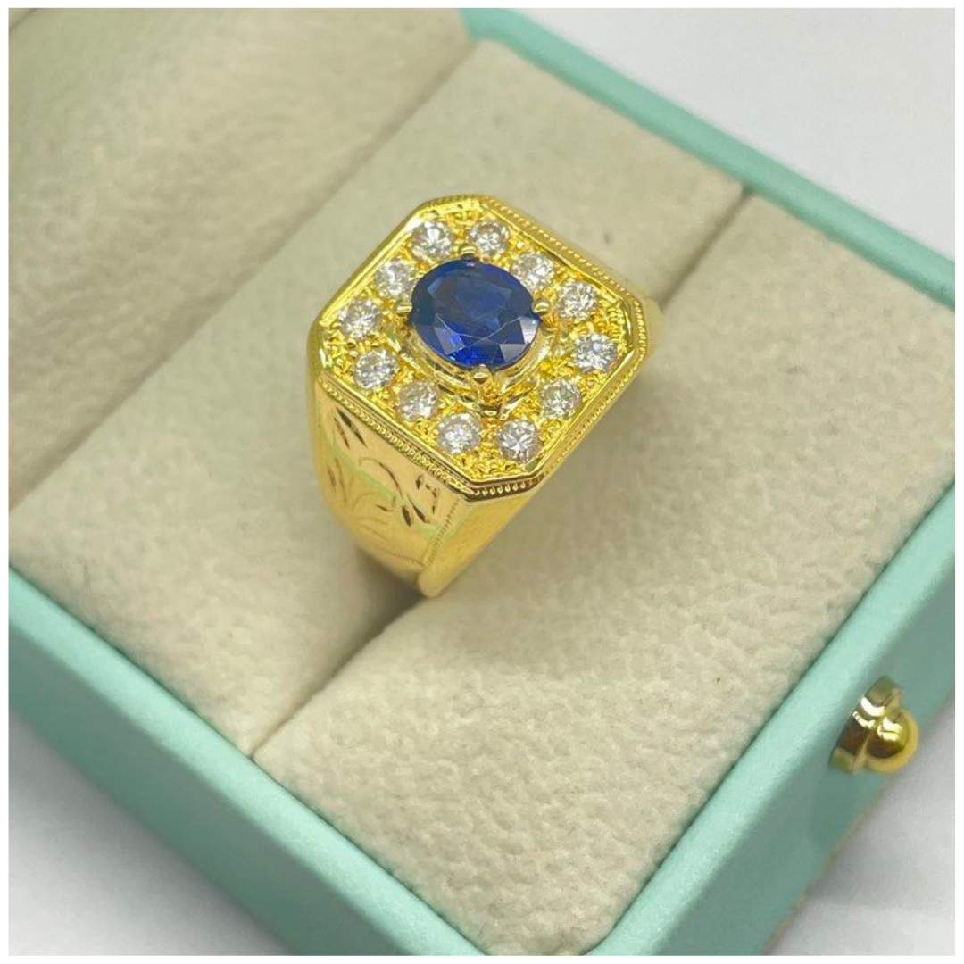 850 Yellow Gold Natural Blue Sapphire & Diamond Men’s Ring Main image