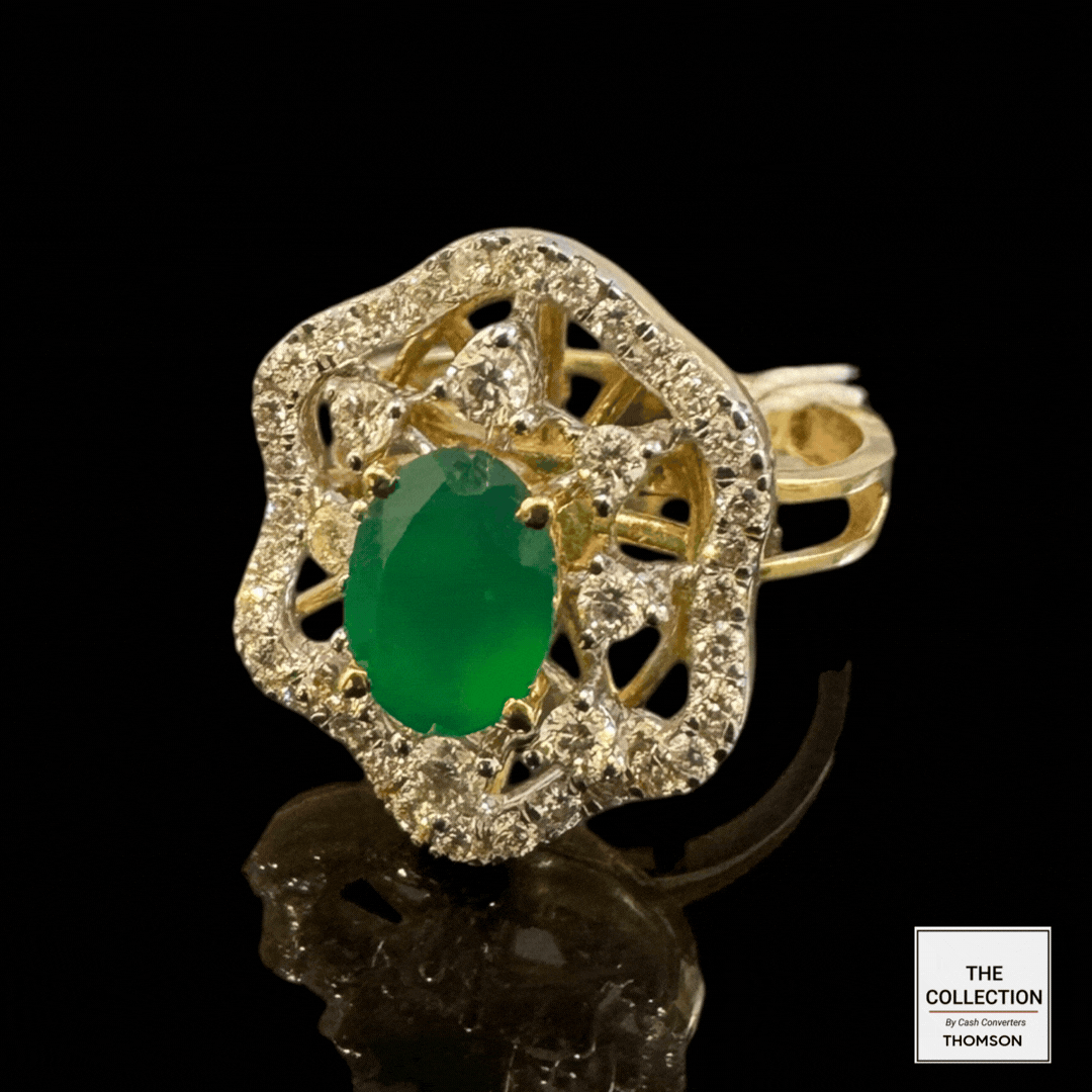 Lady Ring with Green Stone and Diamonds 14k Yellow Gold Main image