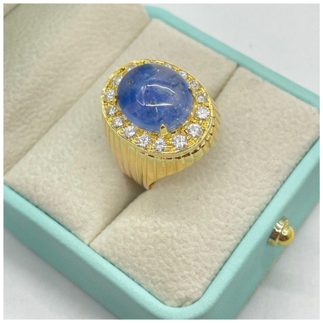 750 Yellow Gold Natural Blue Sapphire & Diamond Men’s Ring