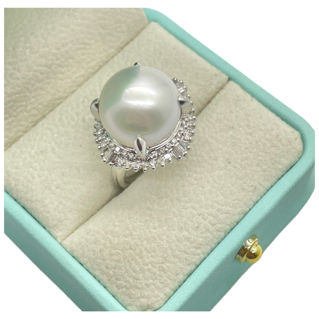 PT900 Natural White South Sea Pearl & Diamond Ring w/Cert
