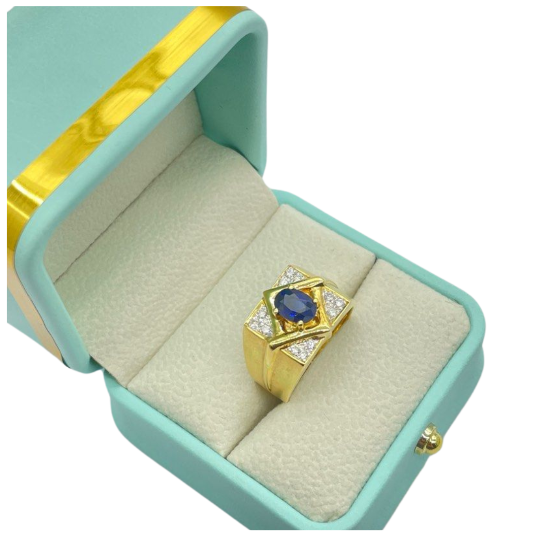 18K Yellow Gold Blue Sapphire & Diamond Men’s Ring