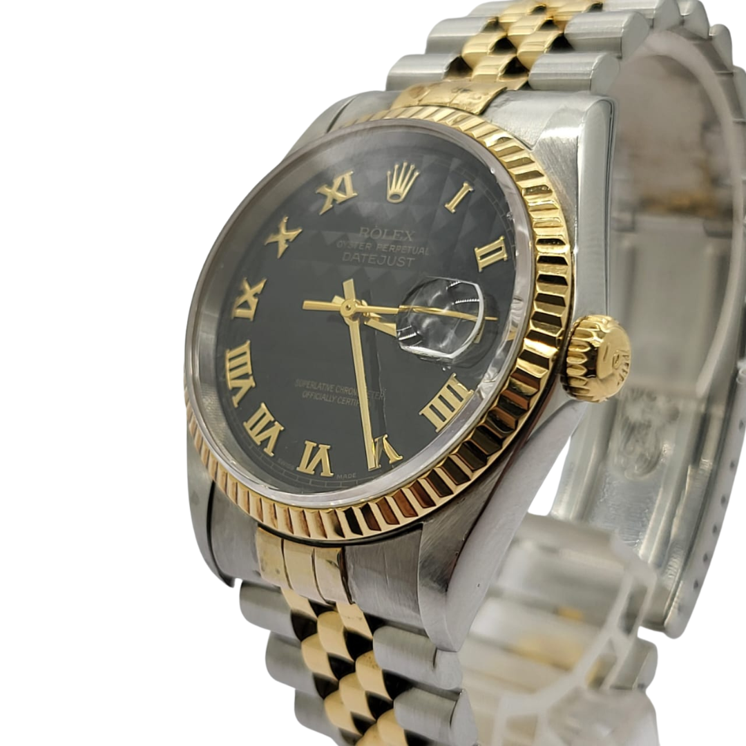 Rolex Datejust 16233 Half Gold Black Pyramid Dial Automatic Watch 36mm