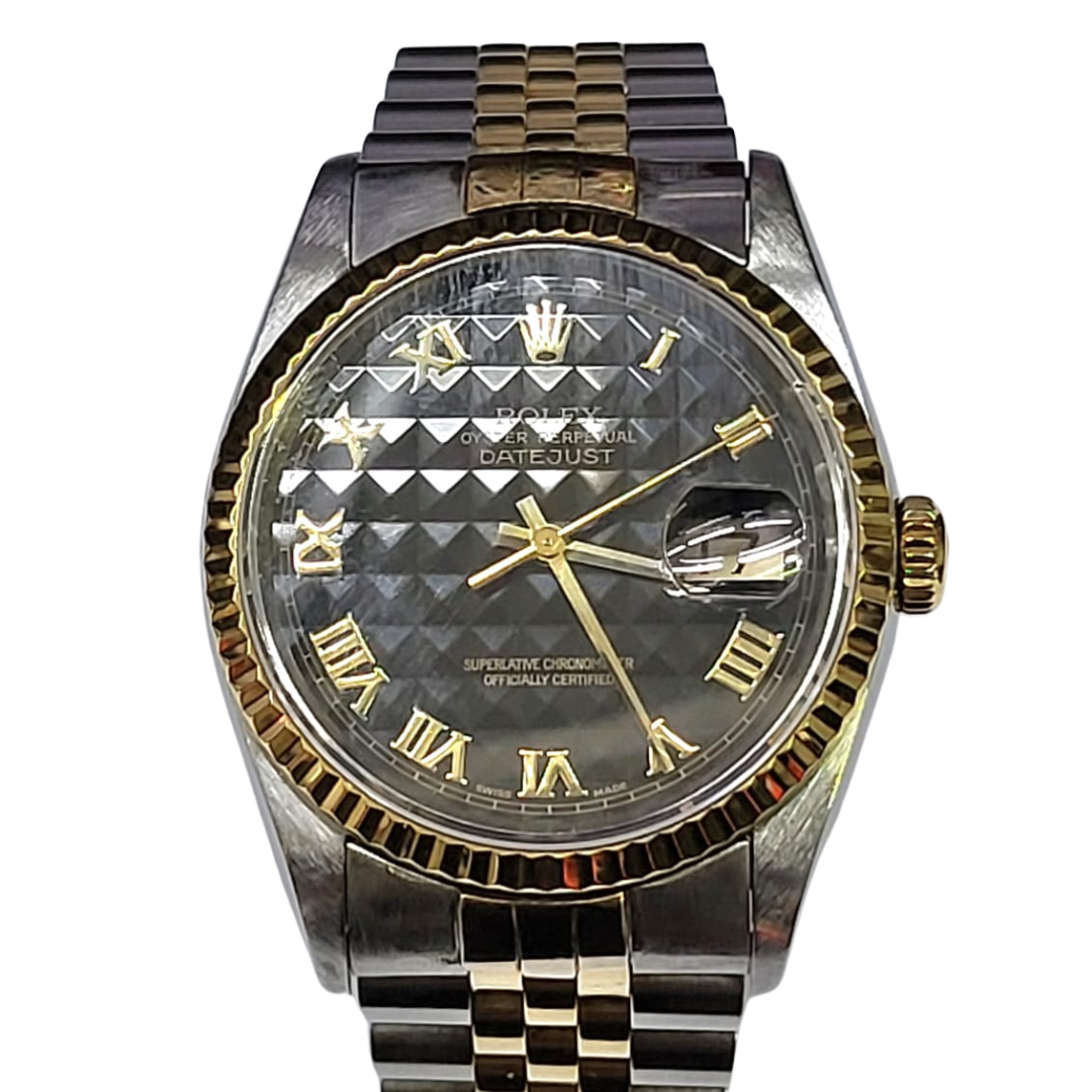 Rolex Datejust 16233 Half Gold Black Pyramid Dial Automatic Watch 36mm