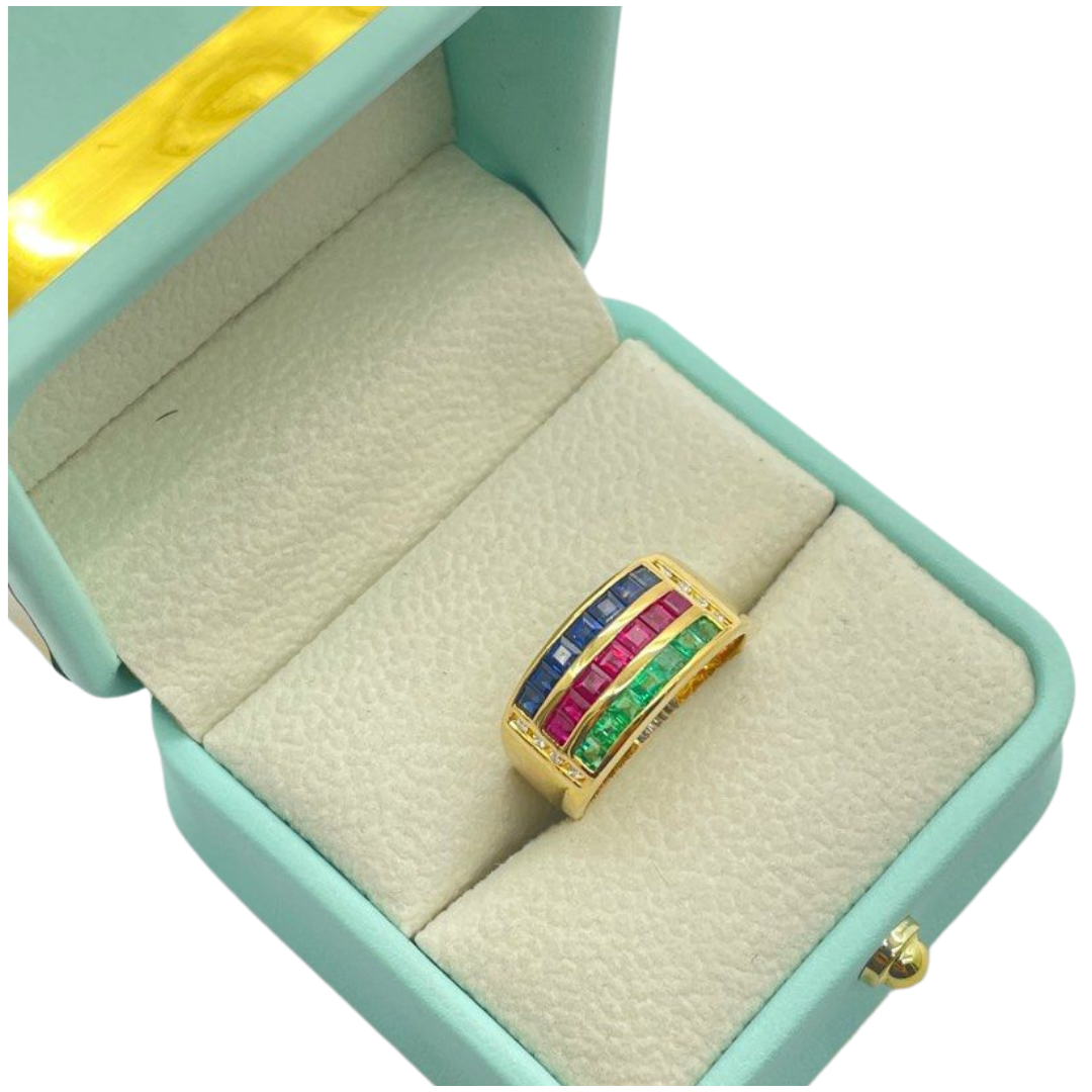 750 Yellow Gold Natural Ruby, Sapphire, Emerald, Diamond Ring