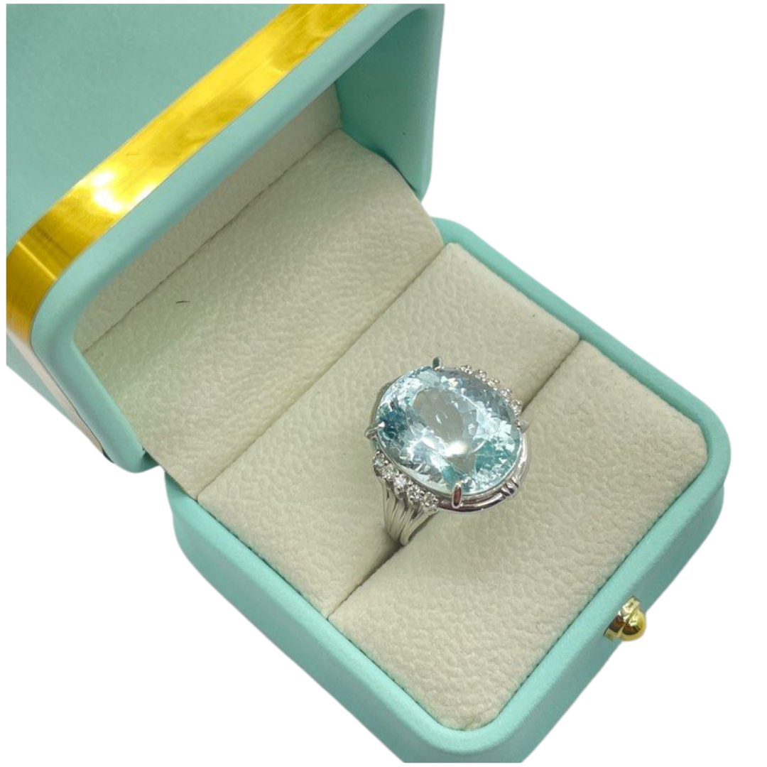 PT900 Natural Aquamarine & Diamond Ladies Ring