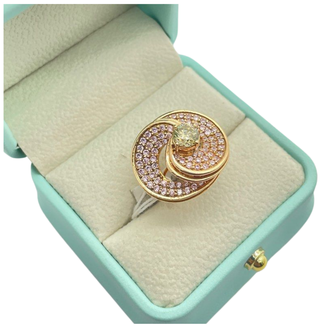 18K Yellow Gold Pink Stone & Diamond Ladies Ring