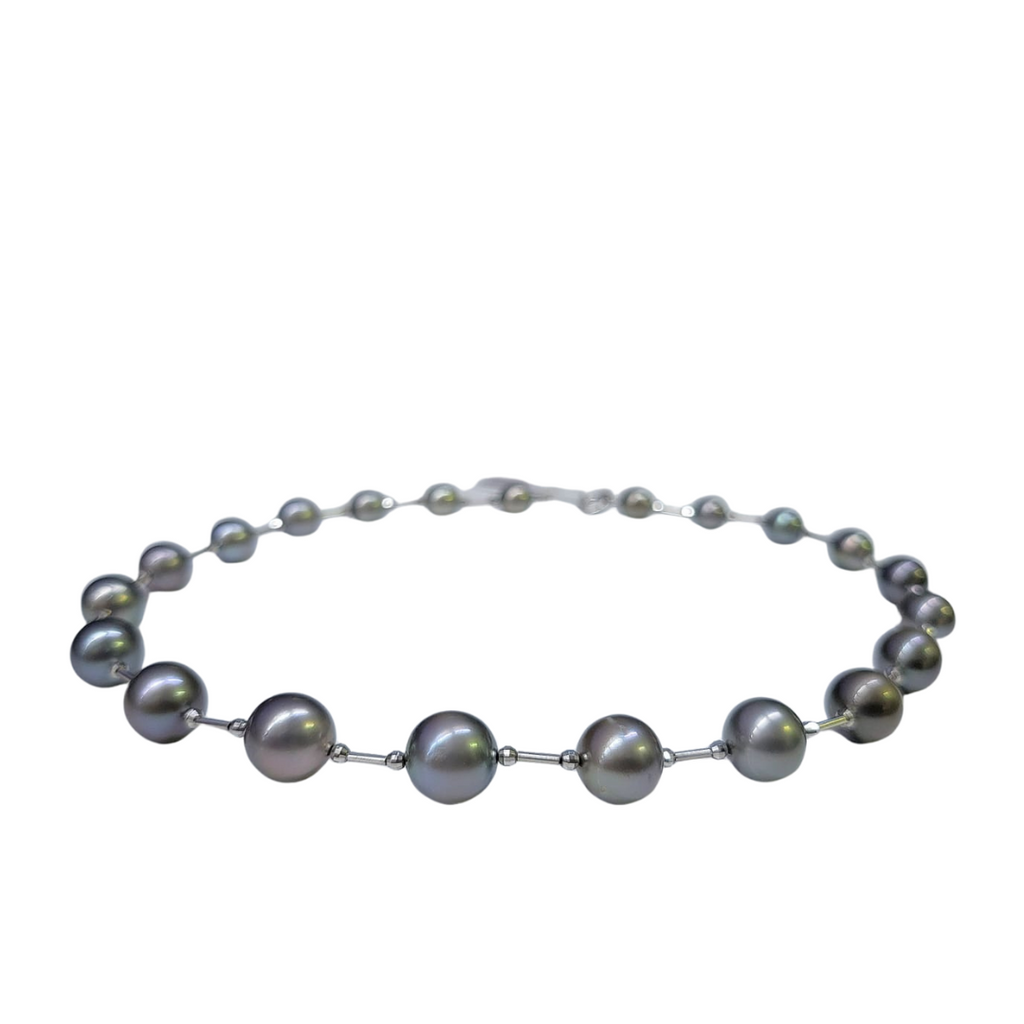 14K WG Black Pearl 8.0 - 10.9mm Necklace W/Cert