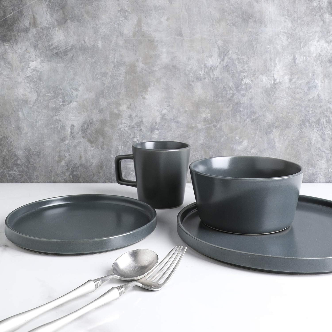 Stone Lain Coupe Stoneware 16Pcs Dinnerware Set, Service for 4, Gray Matte