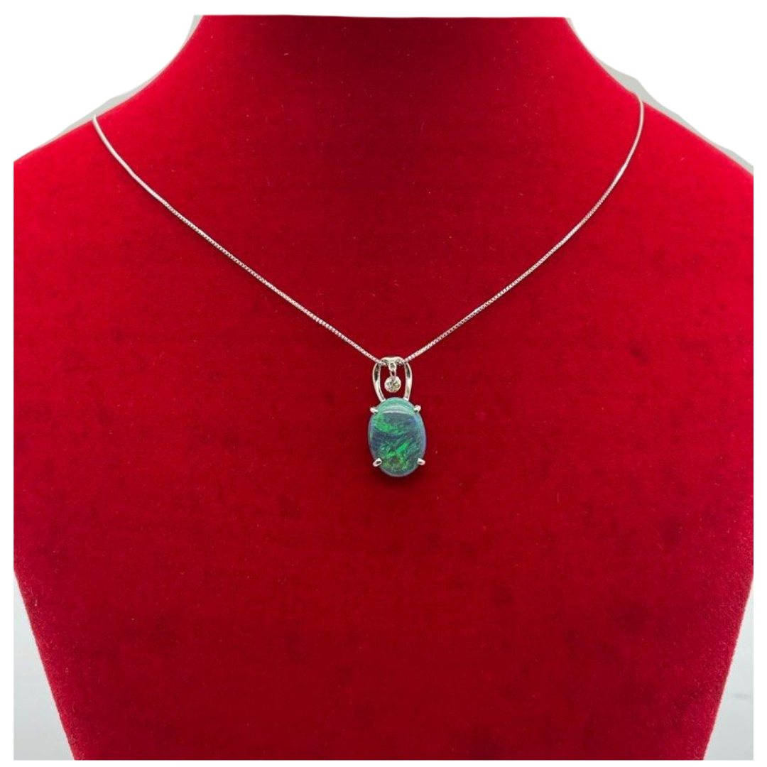 18K White Gold Natural Opal & Diamond Necklace