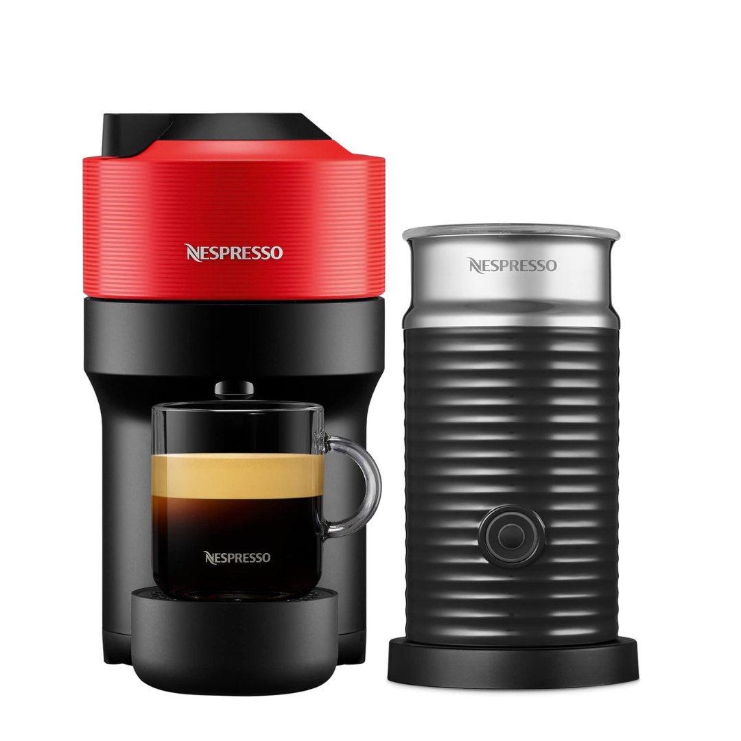Nespresso® Vertuo Pop Coffee Machine, Red & Aeroccino Milk Frother Bundle