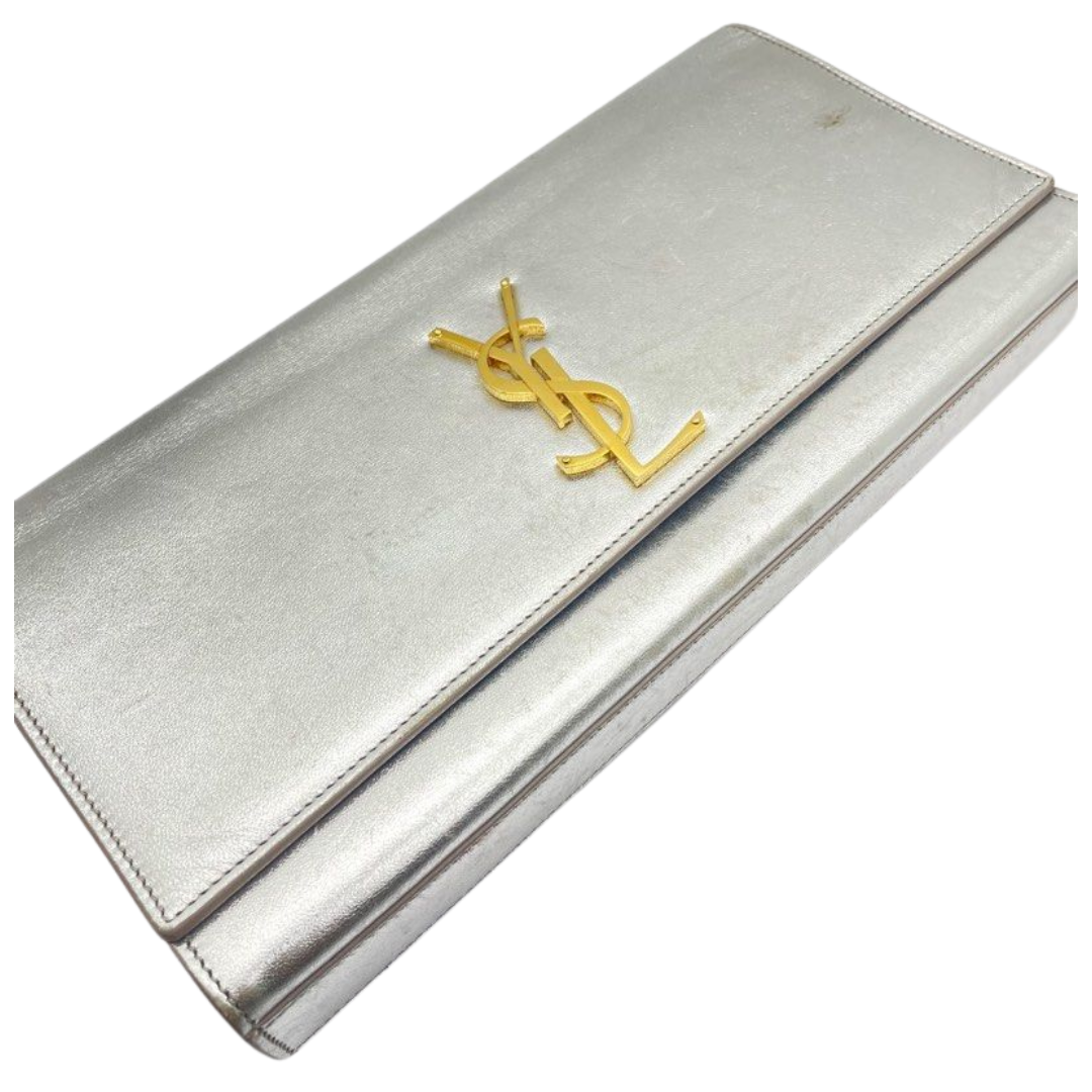 YSL Yves Saint Lauren Silver Metallic Leather Clutch Bag