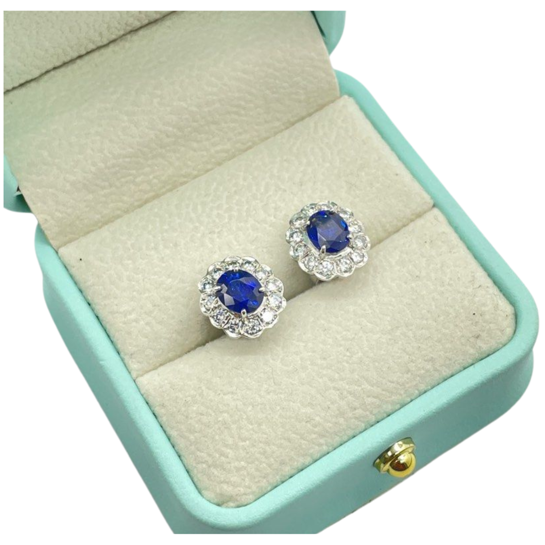 14K White Gold Blue Sapphire (Royal Blue) & Diamond Earring w/Cert