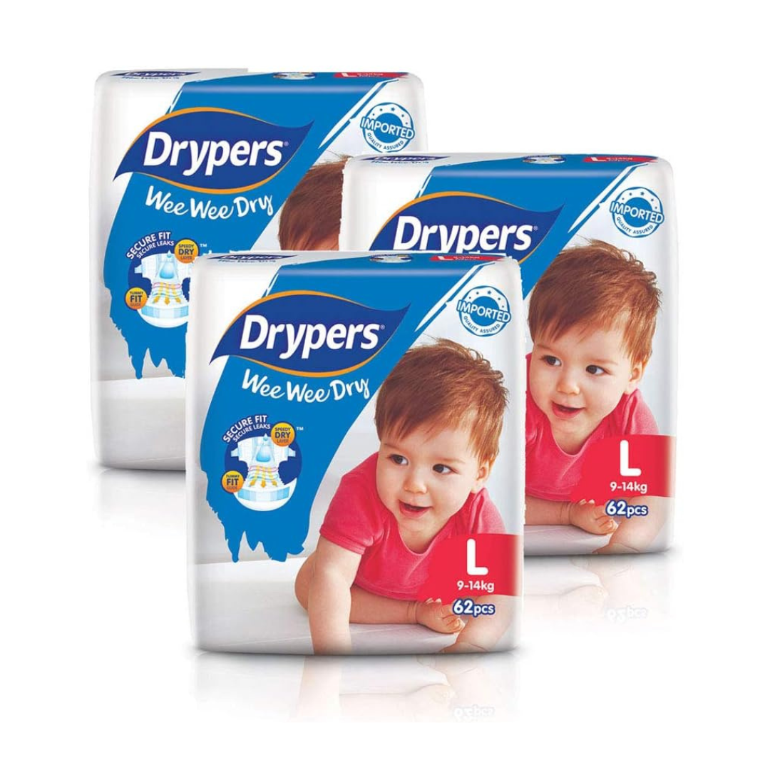Drypers Wee Wee Dry Diapers, L (9-14kg), 62ct (Pack of 3)