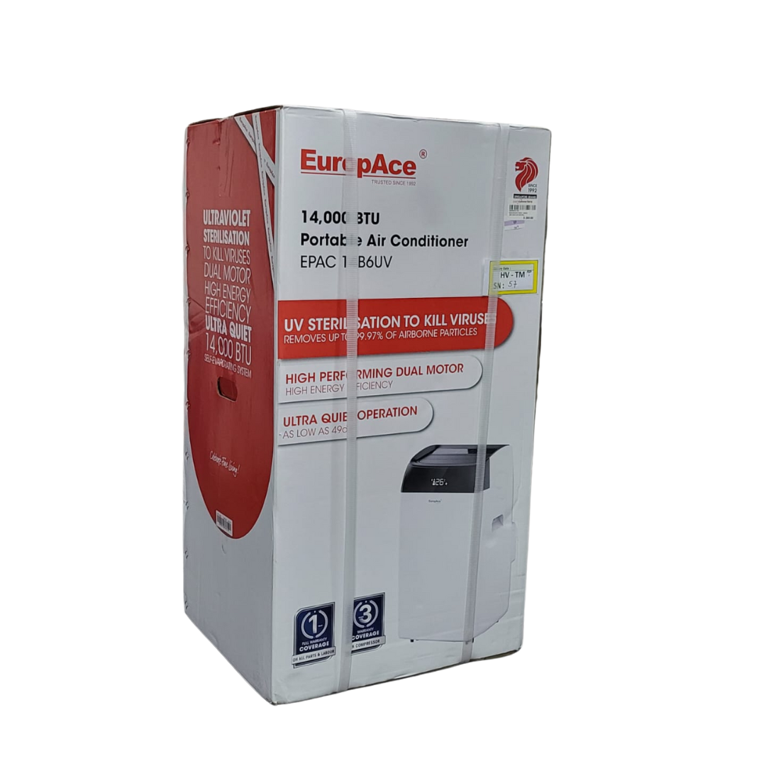 EuropAce 14K BTU Portable Aircon EPAC 14B6UV 4-in-1 Air Conditioner, Dehumidifier, Air Purification with UV Purification