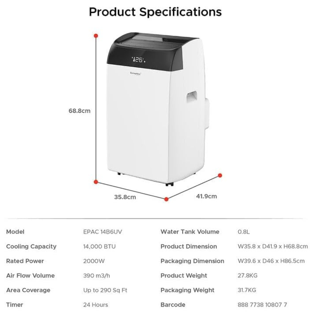 EuropAce 14K BTU Portable Aircon EPAC 14B6UV 4-in-1 Air Conditioner, Dehumidifier, Air Purification with UV Purification