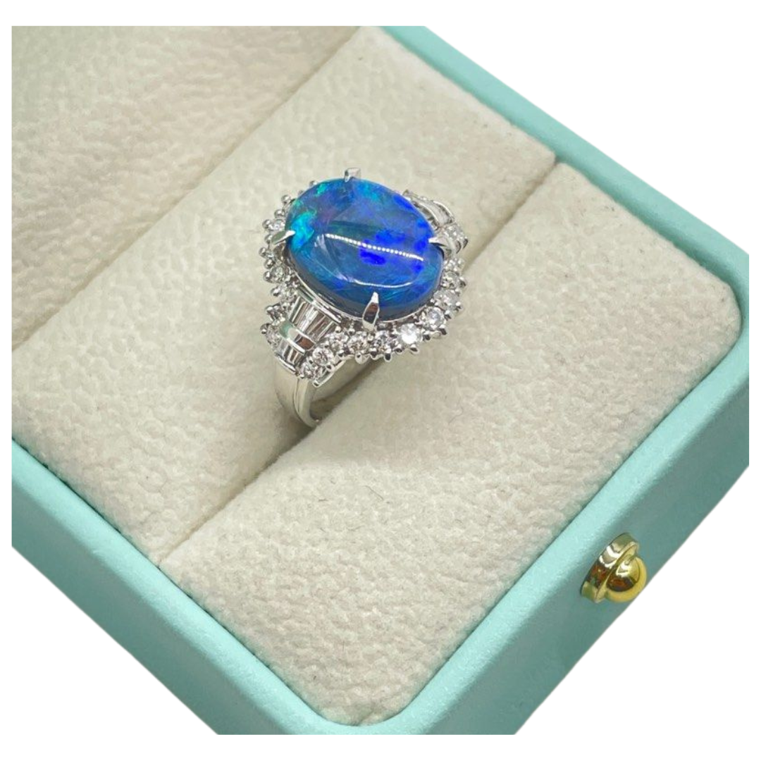 PT900 Natural Black Opal & Diamond Ladies Ring