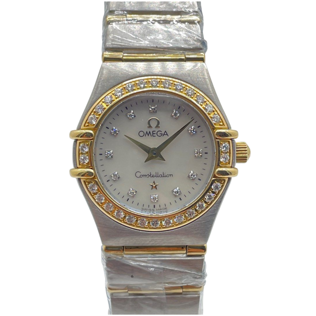 Omega Constellation 22.5mm Quartz Half Gold Diamond White Mother of Pearl Dial Watch