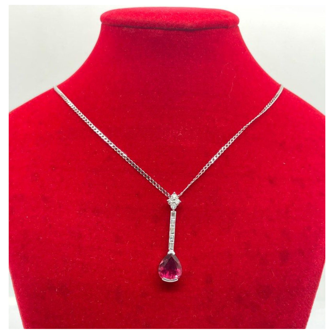 18K White Gold Natural Rubellite & Diamond Necklace