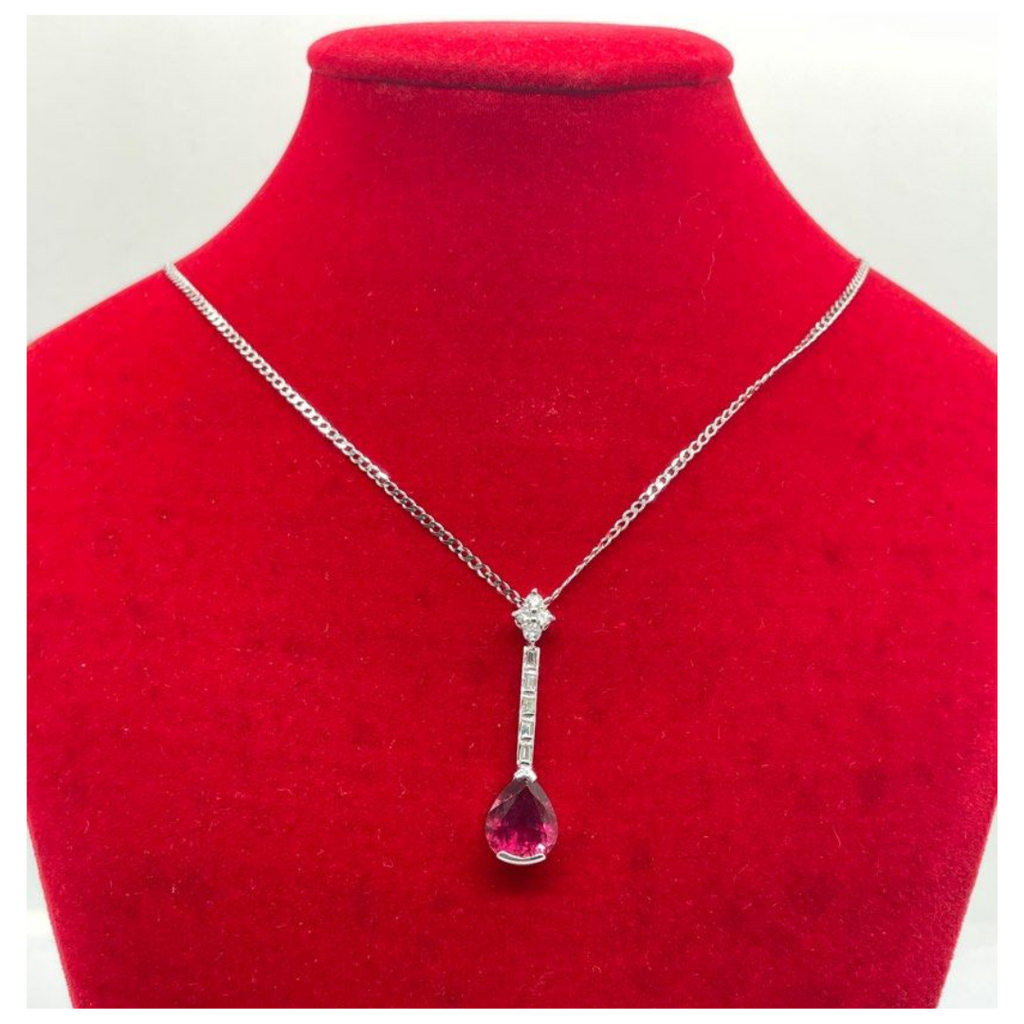 18K White Gold Natural Rubellite & Diamond Necklace