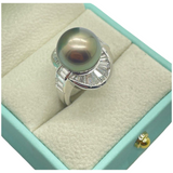 PT900 Natural Black South Sea Pearl & Diamond Ladies Ring