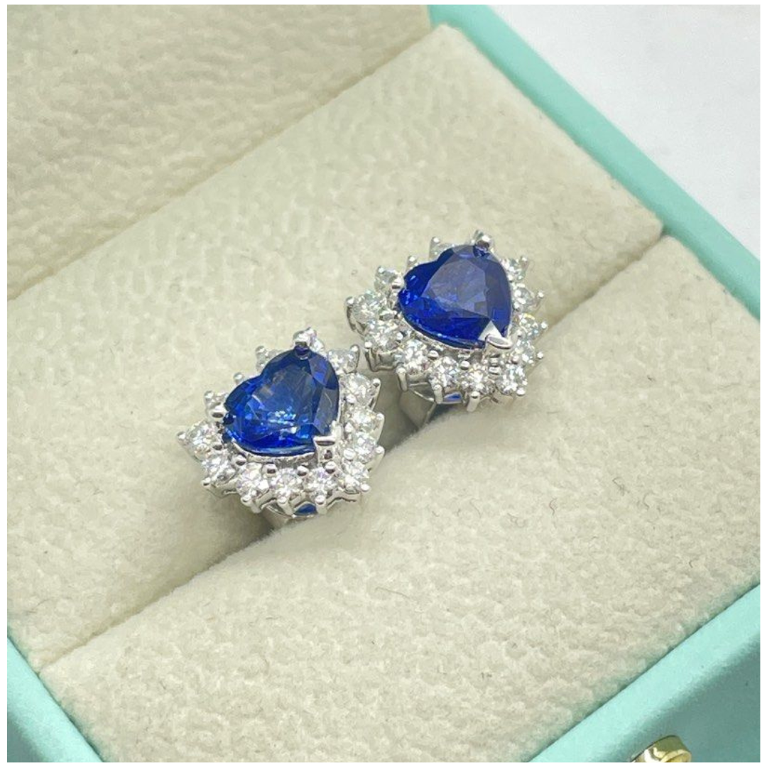 18K White Gold Natural Blue Sapphire (Royal Blue) & Diamond Earring
