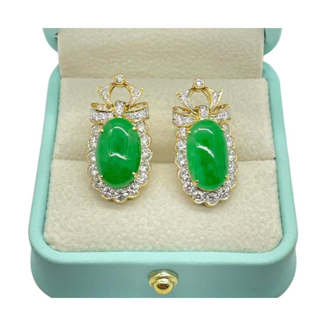 18K Yellow Gold Natural Jadeite (Type-A) & Diamond Earring