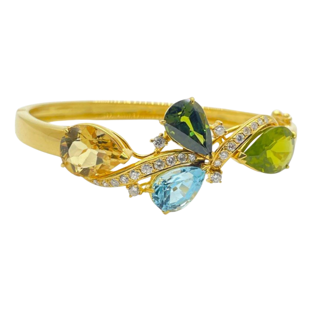 18K Yellow Gold Natural Diamond , Aquamarine , Tourmaline, Peridot, Citrine Bangle