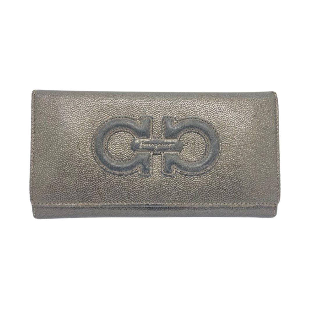 Ferragamo Gancini Embossed Bifold Dark Grey Long Wallet