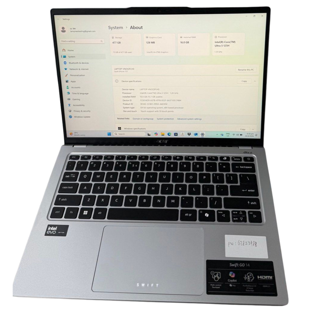 Acer Swift SFG14-73T LAPTOP-ULTRA5/125H/16GB/512GB/GRY
