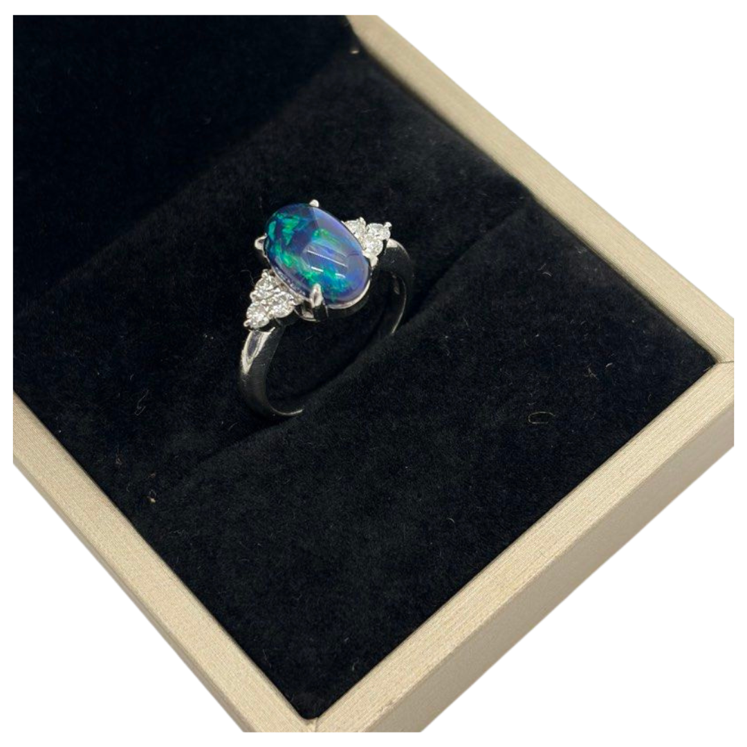 PT900 Natural Black Opal & Diamond Ring