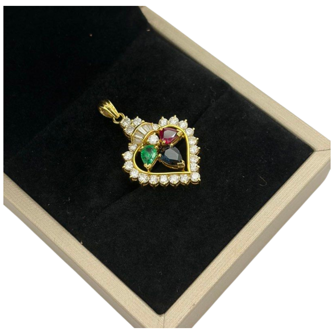 18K Yellow Gold Natural Diamond, Ruby, Emerald, Sapphire Pendant Main image
