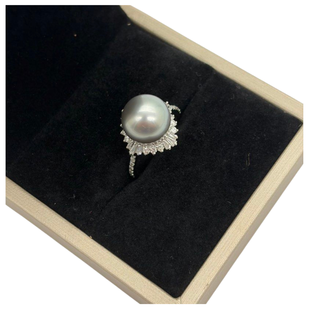 PT900 Natural Black South Sea Pearl & Diamond Ladies Ring Main image