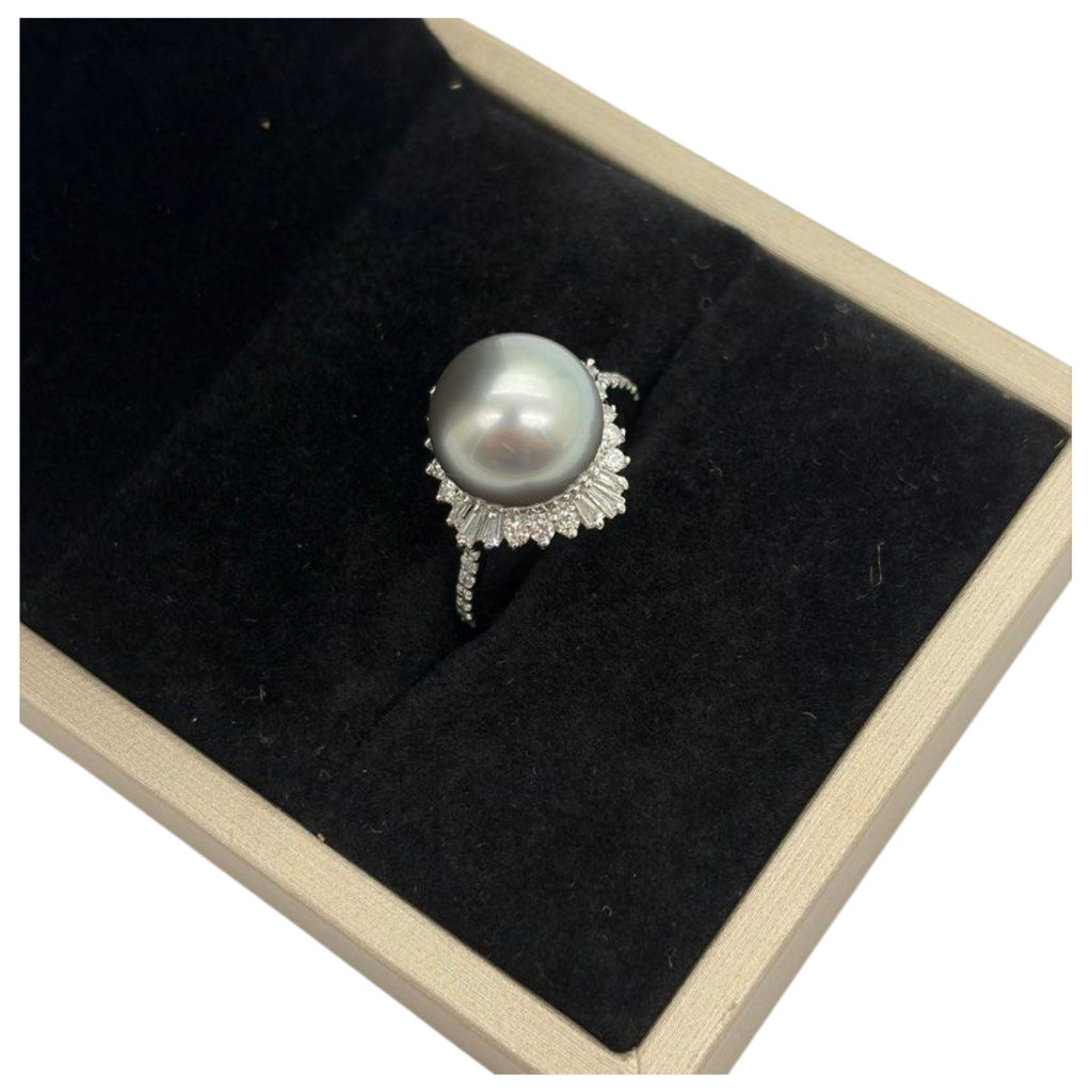 PT900 Natural Black South Sea Pearl & Diamond Ladies Ring
