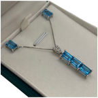 10K White Gold Blue Topaz & Diamond Necklace, Earring Set