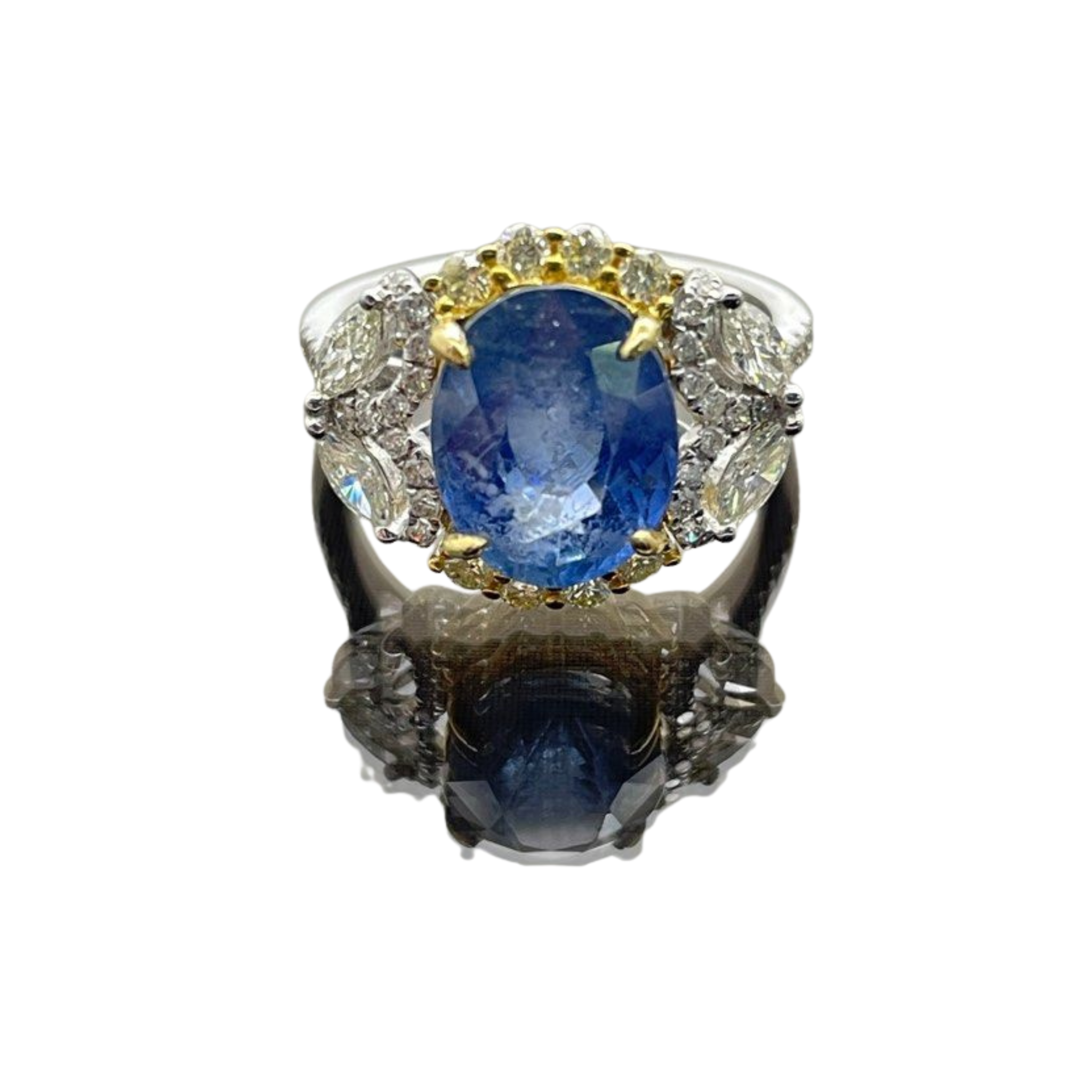 4.38 Carat Unheated Natural Blue Sapphire & Diamond Ladies Ring set in 18K White Gold