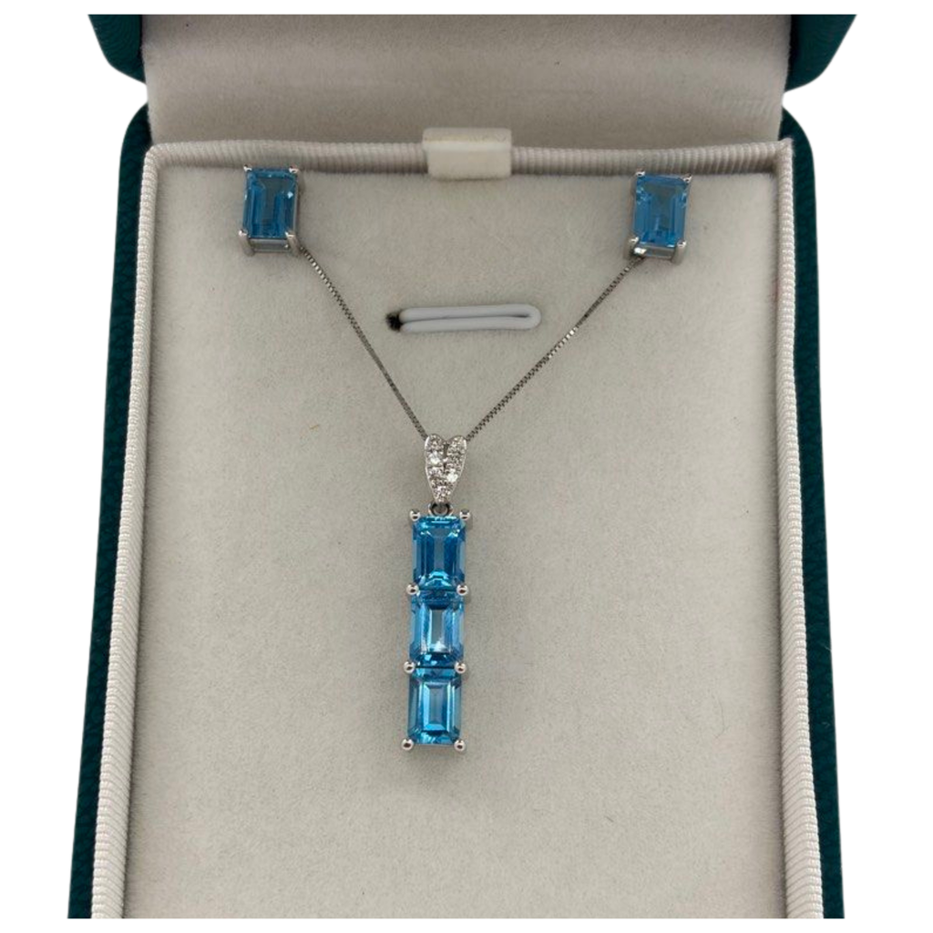 10K White Gold Blue Topaz & Diamond Necklace, Earring Set